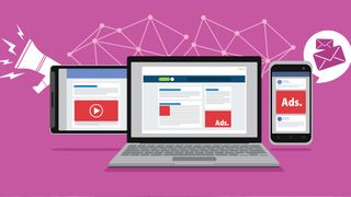 Laptops showing website ads on a pink background