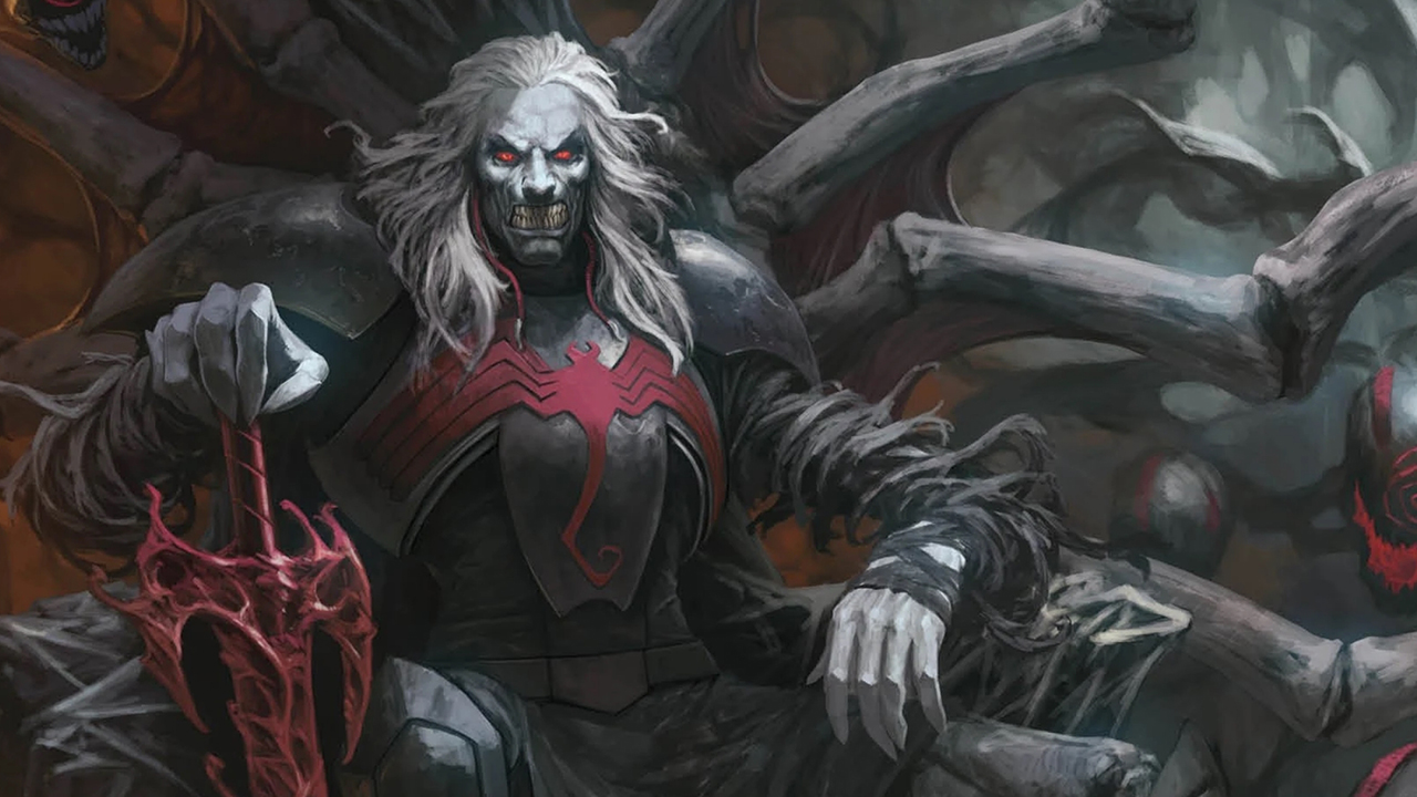 Knull on his throne. Knull is a menacing, tall creature with long white hair wearing a black leather body suit with a large red spider symbol on his chest. He is sitting on an evil, twisted throne, with his hand resting on a large red sword.