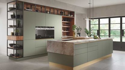 Sage green kitchens can be given an industrial edge with wood and metal