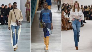 Split image of models at the Undercover, Fendi, Chloé fall 2024 runway shows wearing mixed washes denim looks