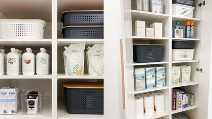 Bathroom shelves with products neatly displayed in rows and in bins.