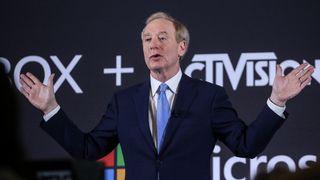 Brad Smith, president of Microsoft Corp., speaks during a news conference in Brussels, Belgium, on Tuesday, Feb. 21. 2023. Microsoft held a closed-door hearing with European Union antitrust watchdogs over its $69 billion takeover of Activision Blizzard Inc.