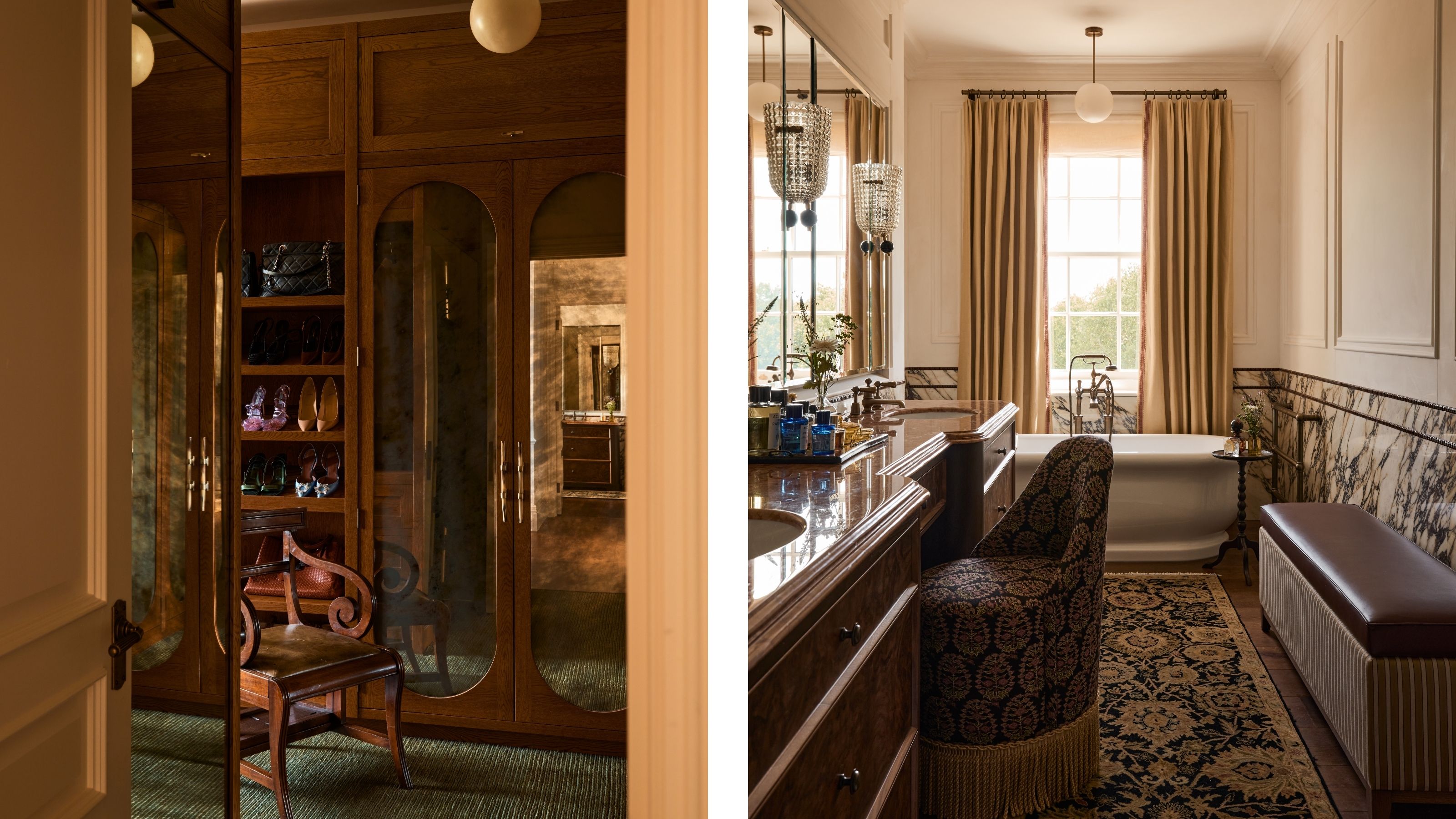 two side by side images of an elegant dark wooden dressing room with mirrored closets and a rich marble and wooden bathroom with patterned rug and freestanding tub
