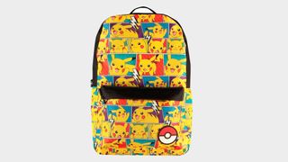 A rucksack featuring various Pikachu faces laid out in a comic book-style