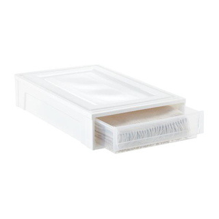 A clear and white plastic underbed storage drawer