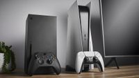 Xbox Series X and PS5 next to each other on a desk.