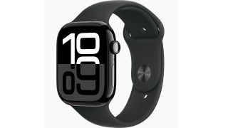 Apple Watch Series 10 smartwatch displaying the time of 10:09, in black finish on white background