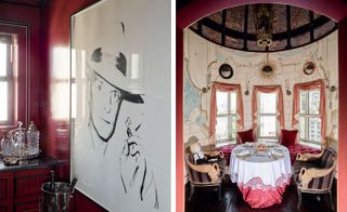 Left: Hilfiger’s Warhol collection includes Truman Capote, 1979, located in the bar. Right: the round Eloise room off the dining room