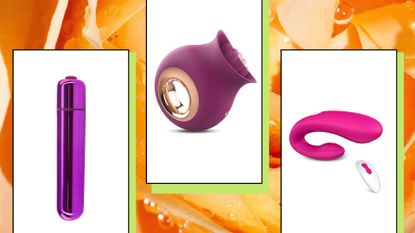 different types of vibrators on a floral orange background for Amazon Prime Day sex toy deals