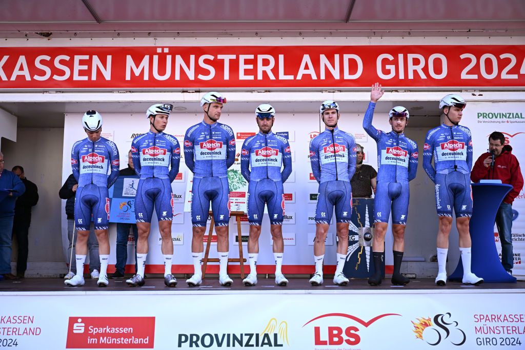 HALTERN AM SEE GERMANY OCTOBER 03 Jasper Philipsen of Belgium Maurice Ballerstedt of Germany Ramses Debruyne of Belgium Edward Planckaert of Belgium Jonas Rickaert of Belgium Henri Uhlig of Germany Fabio van den Bossche of Belgium and Team Alpecin Deceuninck prior to the 18th Sparkassen Mnsterland Giro 2024 a 202km one day race from Haltern Am See to Munster on October 03 2024 in Haltern Am See Germany Photo by Christian KasparBartkeGetty Images
