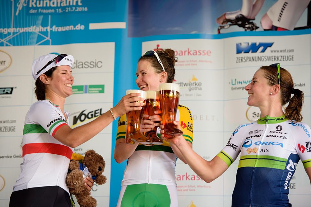 Top three on the stage: Amanda Spratt, Elena Cecchini and Annemiek van Vleuten at Th&uuml;ringen Rundfarht 2016 - Stage 6