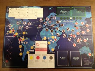 A very early prototype of the Pandemic Legacy board.