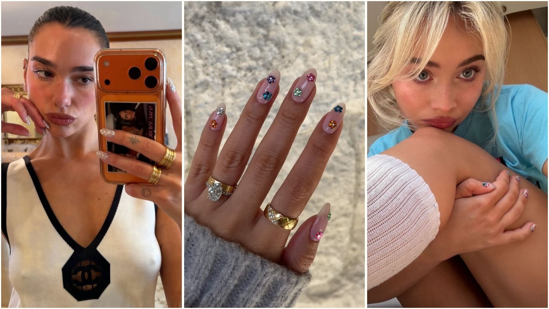 A collage featuring bedazzled nail art on Dua Lipa, Kylie Jenner and Sabrina Carpenter
