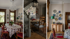 a set of three images of traditional interiors, the first is a dining room with a large table and chairs, a chandelier, and plates hanging from the wall, the second is a dining nook with plates on the wall, and the third is a drink cabinet with plates on the wall above