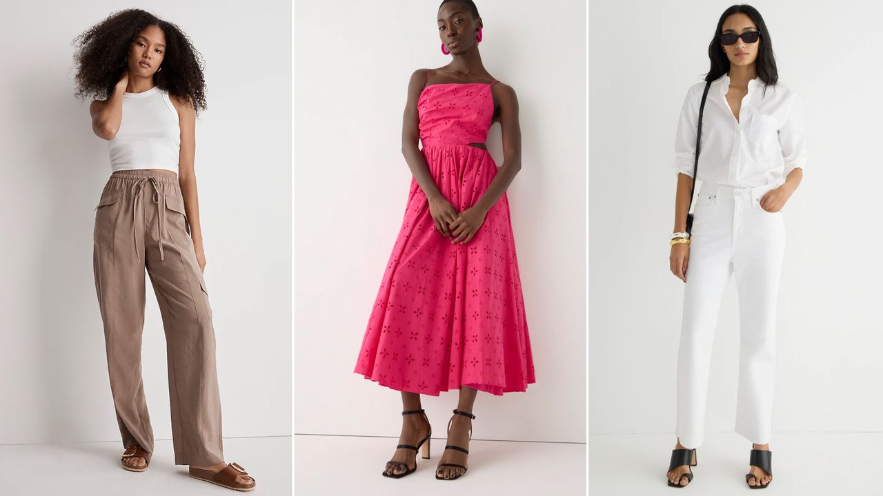 Collage of J.Crew Collection Side-Cutout Midi Dress in Eyelet, J.Crew Slim Demi-Boot Jean in White Wash, and Madewell Straight Cargo Pants in Softdrape