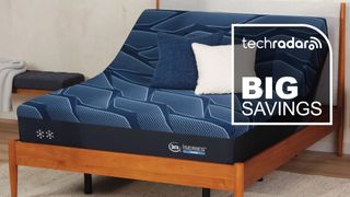 Serta iSeries mattress with a graphic overlaid saying "BIG SAVINGS"