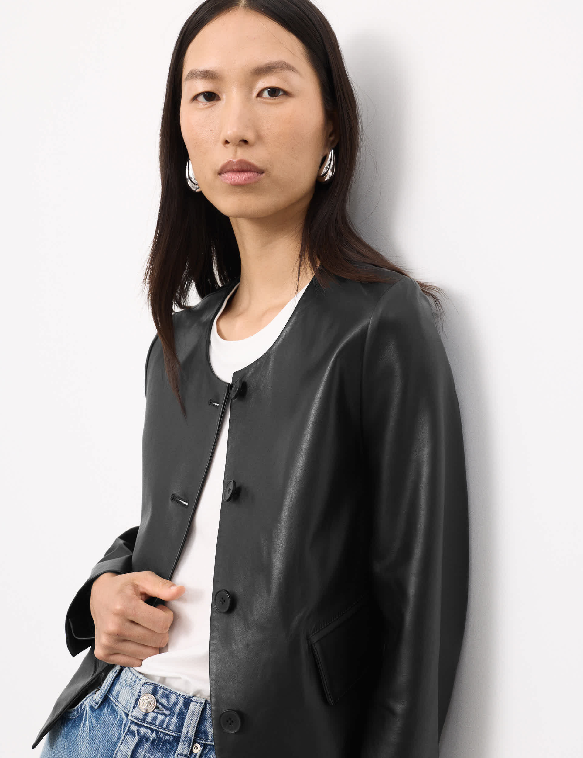 Leather Collarless Jacket