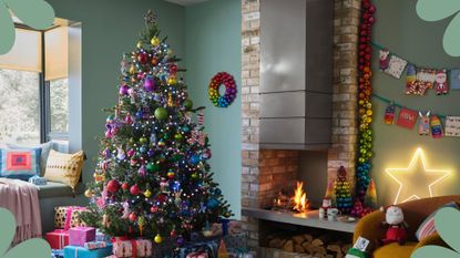 A modern living room decorated with John Lewis Christmas tree color trends for 2022