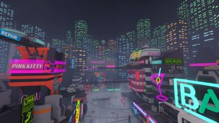 The mean streets of Neo-Tokyo as seen in House Flipper's Cyberpunk DLC