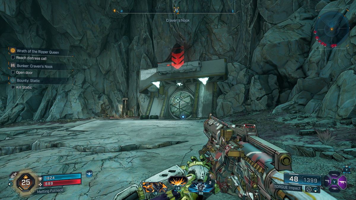 Borderlands 4 Hot Slugger location: A player looking at the sealed vault door to the Craven's Nook Order bunker, hidden inside a cave.