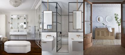 Bathroom layout ideas. Three bathrooms that show bathroom layout ideas: sectioned shower room, seating in center of bathroom, ensuite bathroom with unique focal point