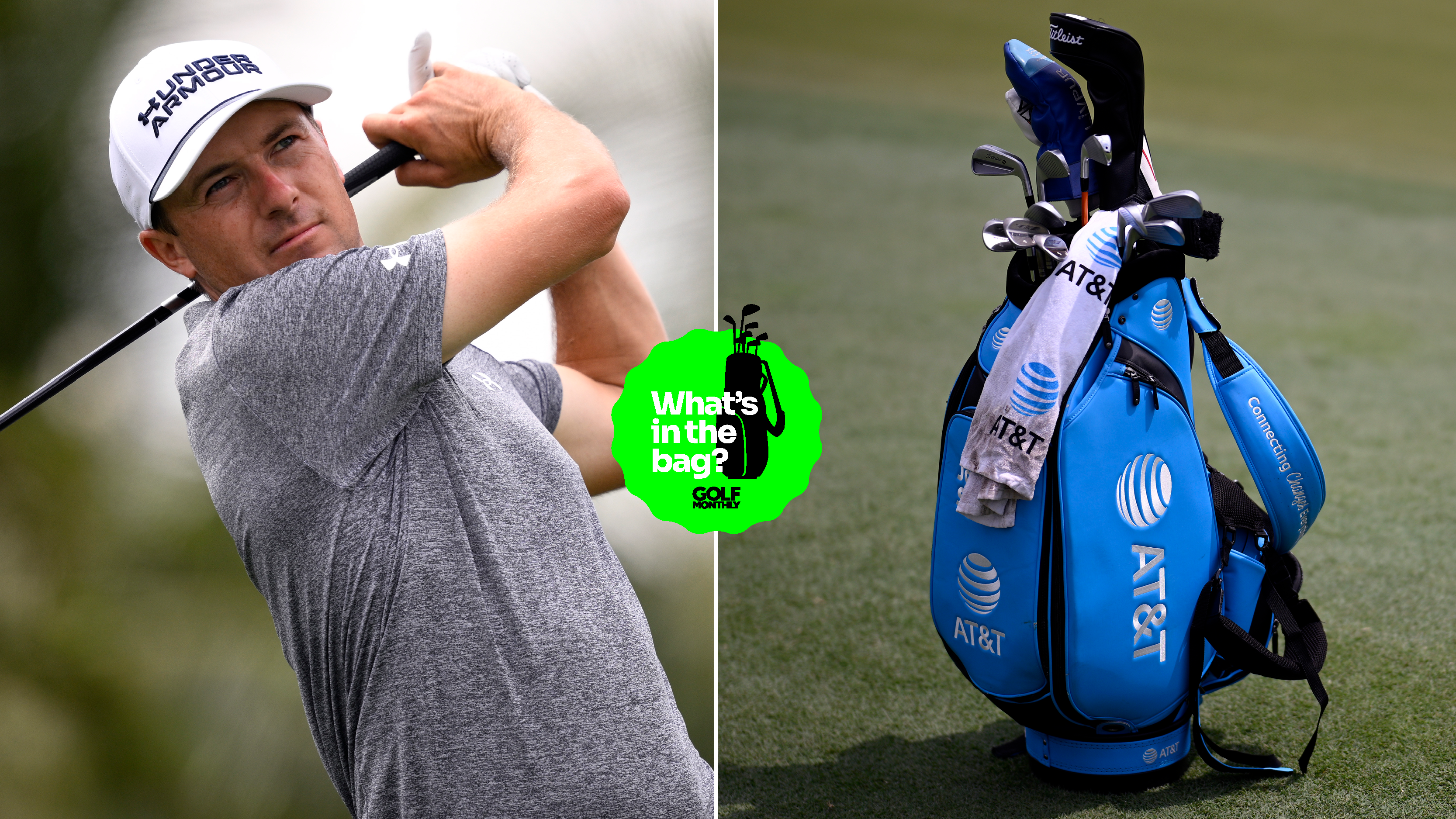 Jordan Spieth hits a driver, with a close up of his golf bag