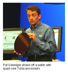 In the server segment, Intel clearly considers multicore configuration - with two, then four cores, and then beyond - as the ultimate driver of performance. For January 2006, Intel announced the Bensley platform with the Dempsey processor, which will be make its premiere as the Xeon 5000 series. Gelsinger showed a fully functional Bensley system on display, promising roughly three times the bandwidth (17 Gb/sec) compared to current Xeon DP systems with the Irwindale core.