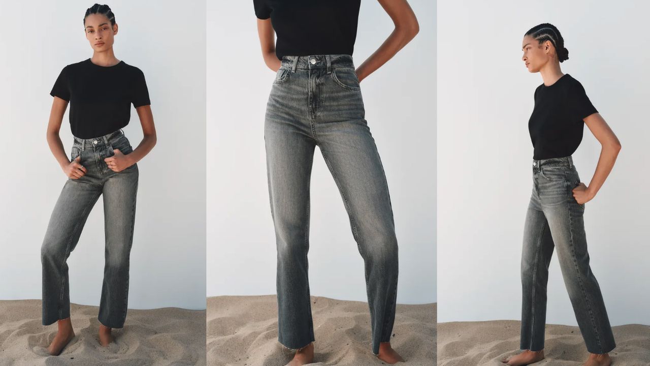 Model wearing grey straight leg jeans