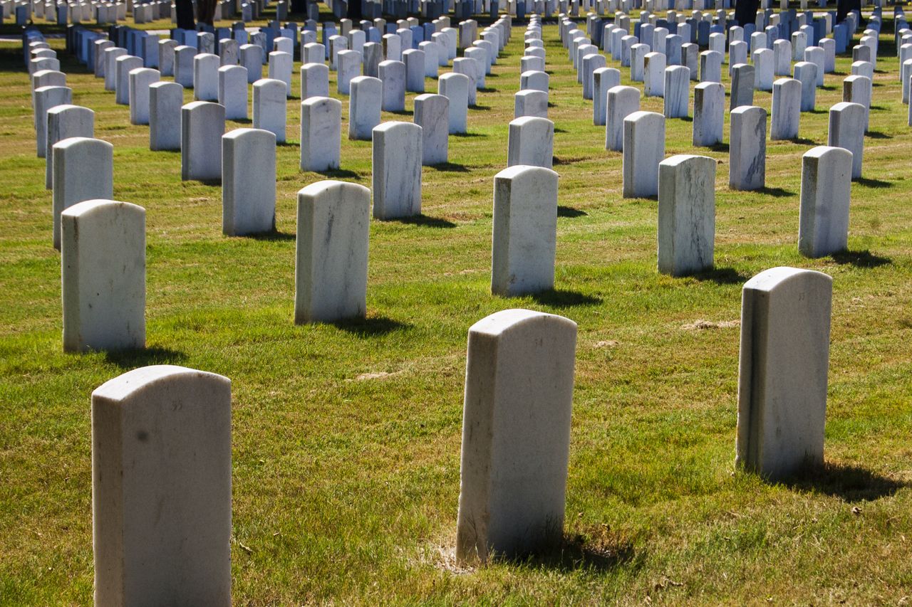 Rows of gravestones. 