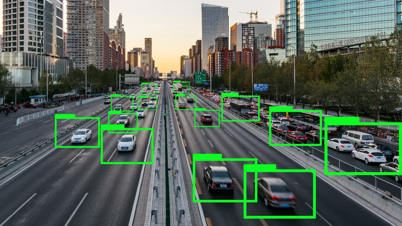 Illustration of cars on highway with data folders identifying each vehicle