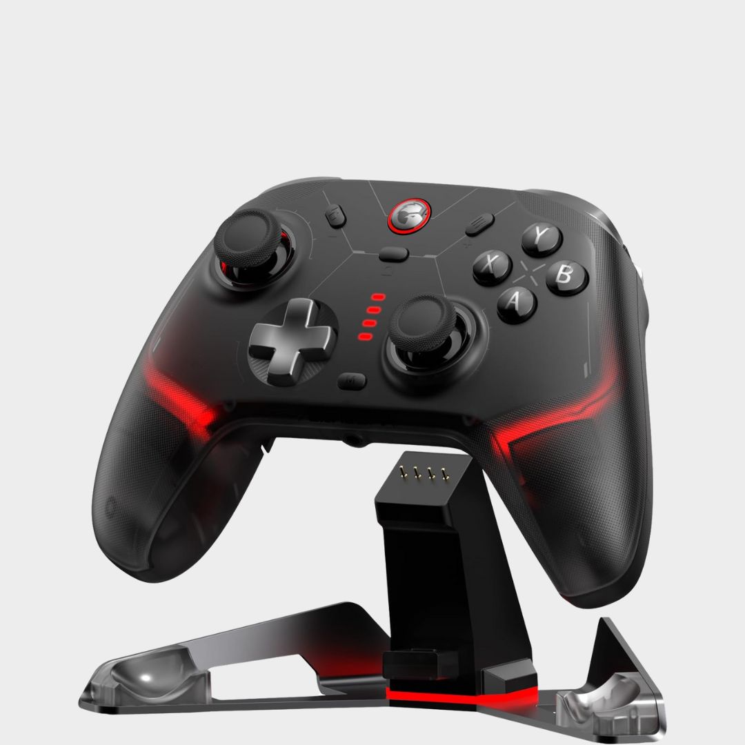 A Black GameSir Cyclone 2 and its charging stand on a plain background