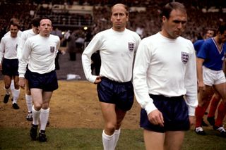 Sir Bobby Charlton, second right, scored 49 goals for England