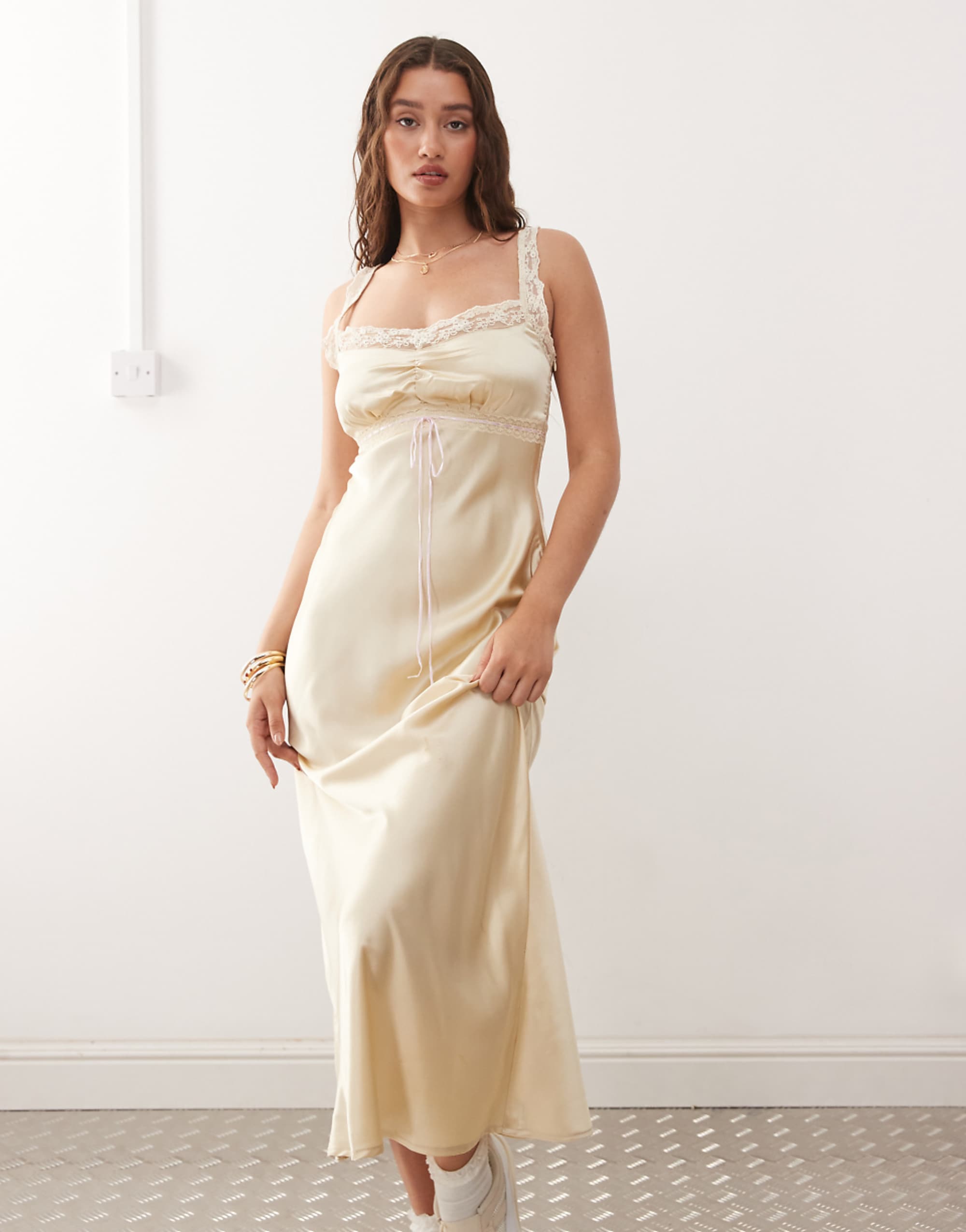 Reclaimed Vintage Maxi Slip Dress With Contrast Pink Trim in Cream