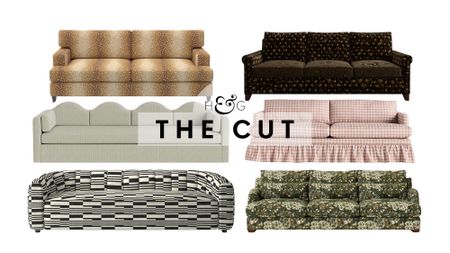 Patterned sofas, featuring prints spanning fawn to tapestries, pictured against a white background