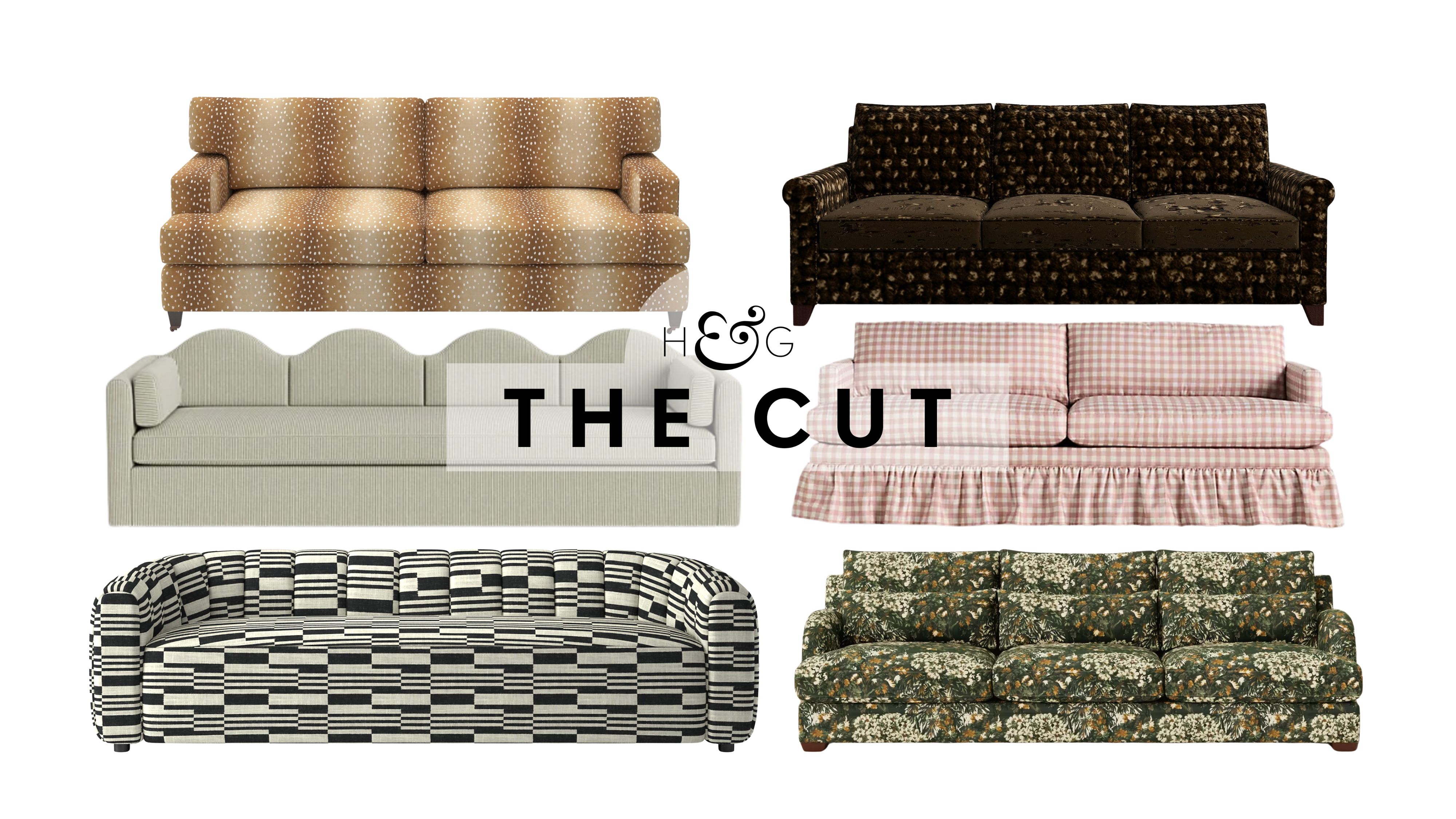 Patterned sofas, featuring prints spanning fawn to tapestries, pictured against a white background