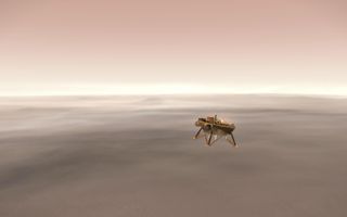 An illustration shows a simulated view of NASA's InSight lander firing retrorockets to slow down as it descends toward the surface of Mars.