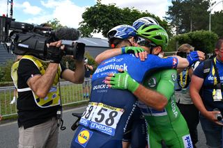 CHATEAUROUX FRANCE JULY 01 Michael Morkov of Denmark Mark Cavendish of The United Kingdom and Team Deceuninck QuickStep Green Points Jersey celebrates at arrival during the 108th Tour de France 2021 Stage 6 a 1606km stage from Tours to Chteauroux LeTour TDF2021 on July 01 2021 in Chateauroux France Photo by David Stockman PoolGetty Images