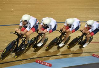 Bradley Wiggins on the front during the team pursuit final, Track World Championships 2016