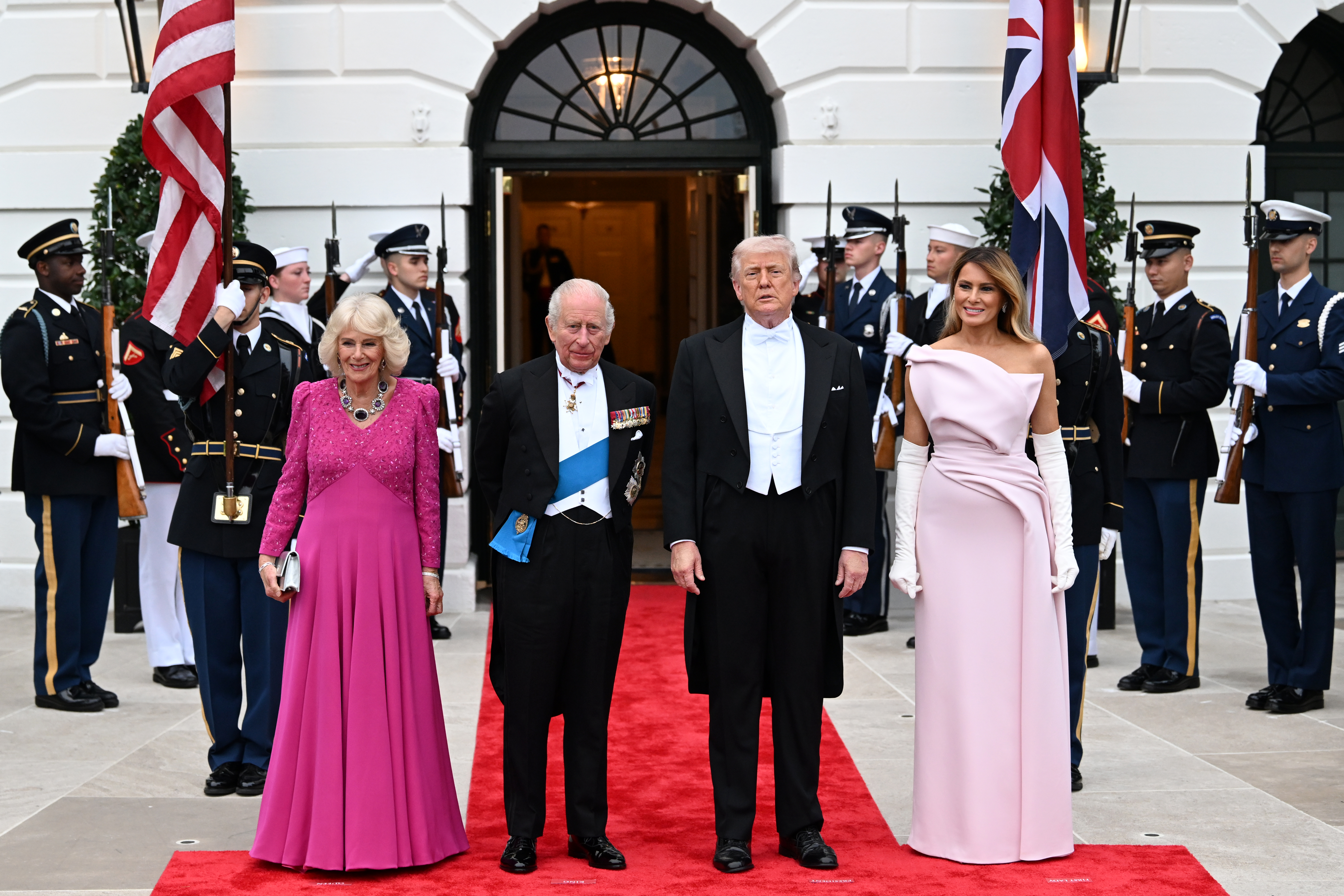 Queen Camilla, King Charles, Donald Trump and Melania Trump in evening gowns and tuxes