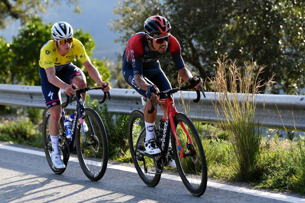 LOULE PORTUGAL FEBRUARY 20 LR Remco Evenepoel of Belgium and Team QuickStep Alpha Vinyl yellow leader jersey and Daniel Felipe Martinez Poveda of Colombia and Team INEOS Grenadiers compete in the breakaway during the 48th Volta Ao Algarve 2022 Stage 5 a 173km stage from Lagoa to MalhoLoul 514m VAlgarve2022 on February 20 2022 in Loule Portugal Photo by Luc ClaessenGetty Images