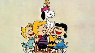 Cartoon dog Snoopy being carried by his friends