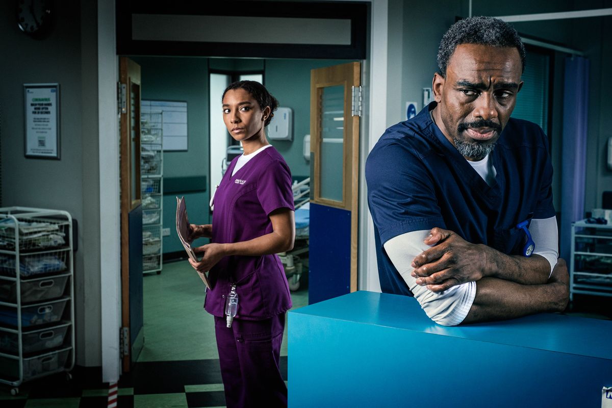 Charles Venn and Adele James as Jacob and Tina in Casualty.