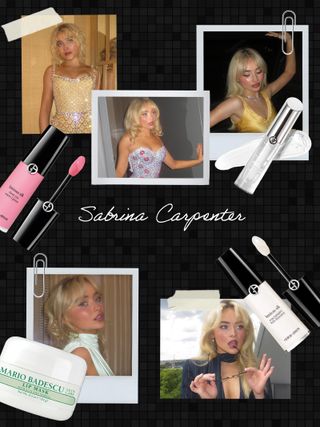 Collage of Sabrina Carpenter with makeup products