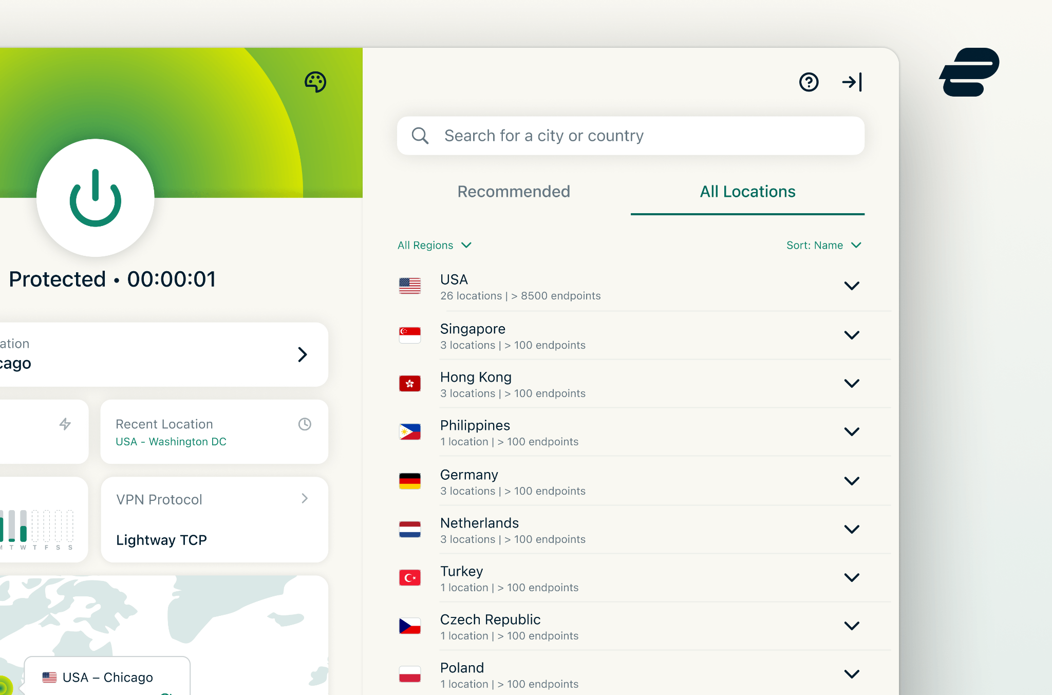 ExpressVPN server list in app