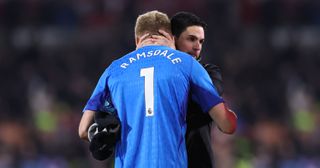 Arsenal goalkeeper Aaron Ramsdale and Arsenal manager Mikel Arteta during the Premier League match between Brentford FC and Arsenal FC at Gtech Community Stadium on November 25, 2023 in Brentford, England.