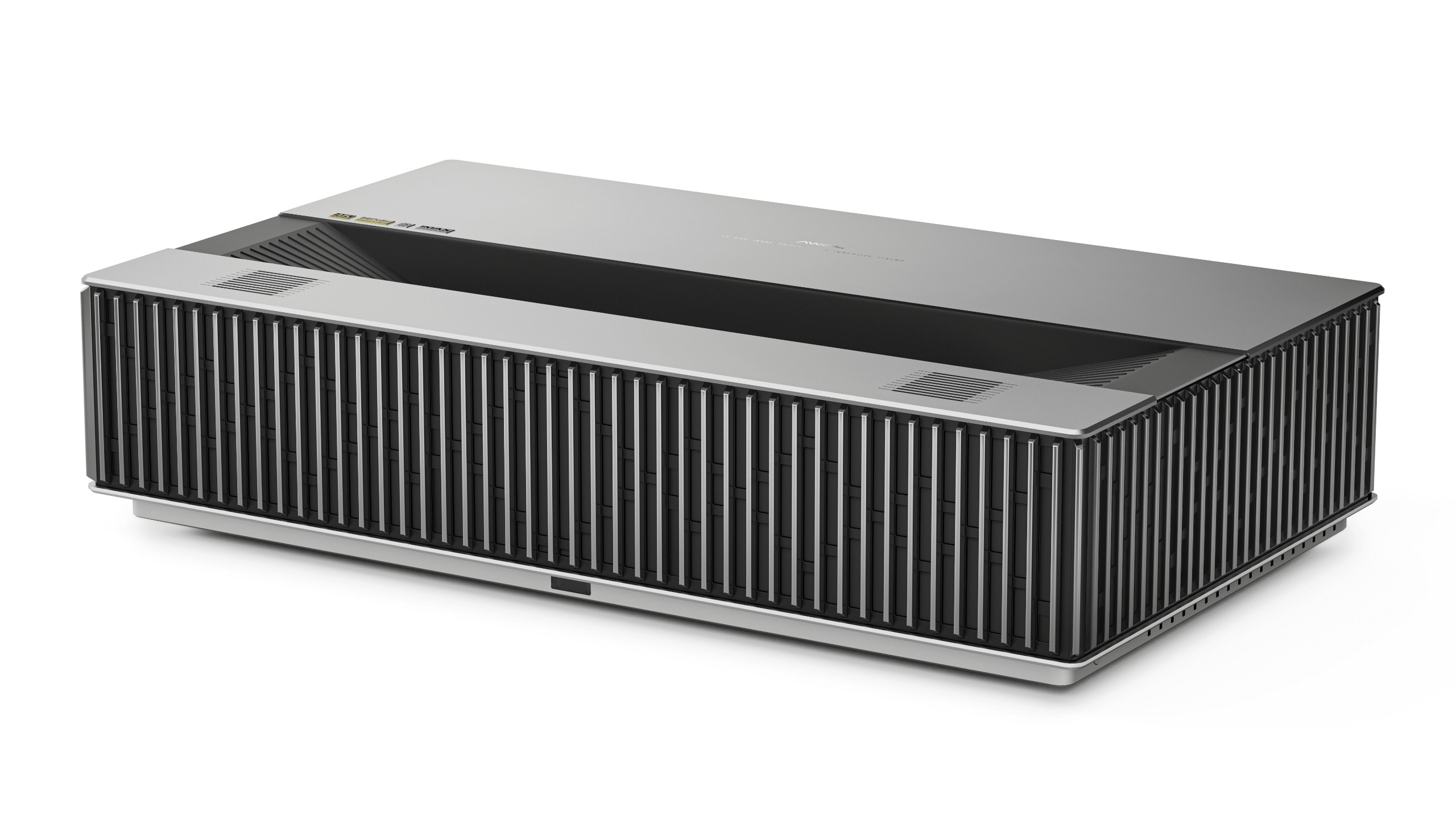 A grey AWOL Vision LuxVision projector on a white background.