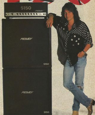 Eddie Van Halen next to a Peavey 5150 stack