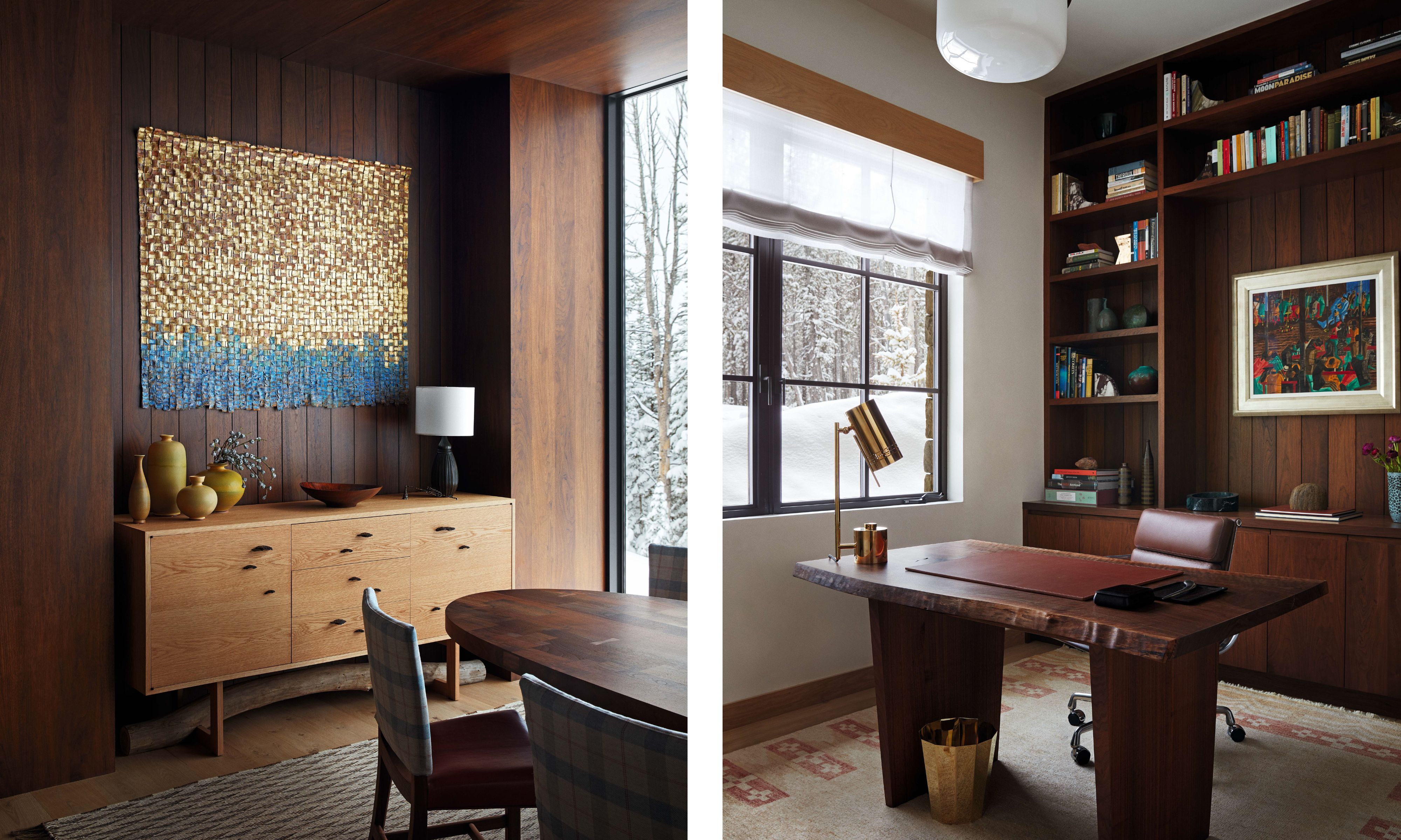 Split image: Left: A dining room with dark wood paneling, a wooden credenza, and a large abstract gold and blue mosaic artwork. Right: A home office with built-in dark wood shelving, a live-edge wooden desk, and a large window.