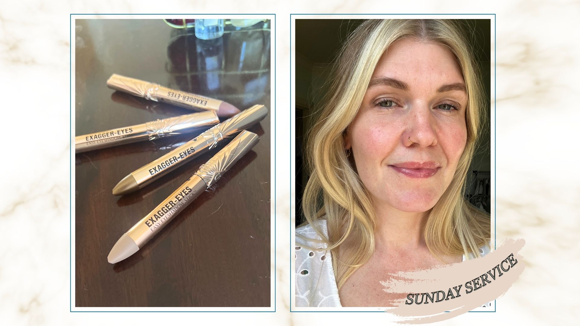 a selection of charlotte tilbury eyeshadow sticks on a wooden surface next to an image of beauty editor Fiona McKim with a white top and eyeshadow on