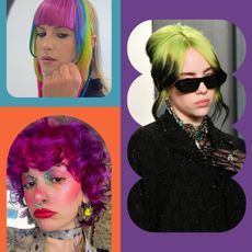 Photo collage of different celebrities and people wearing fantasy colored hair.